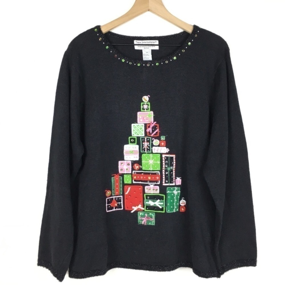 TIARA Sweater Christmas Collection Tree Tinsel Holiday Party Beads Plus Size 2X